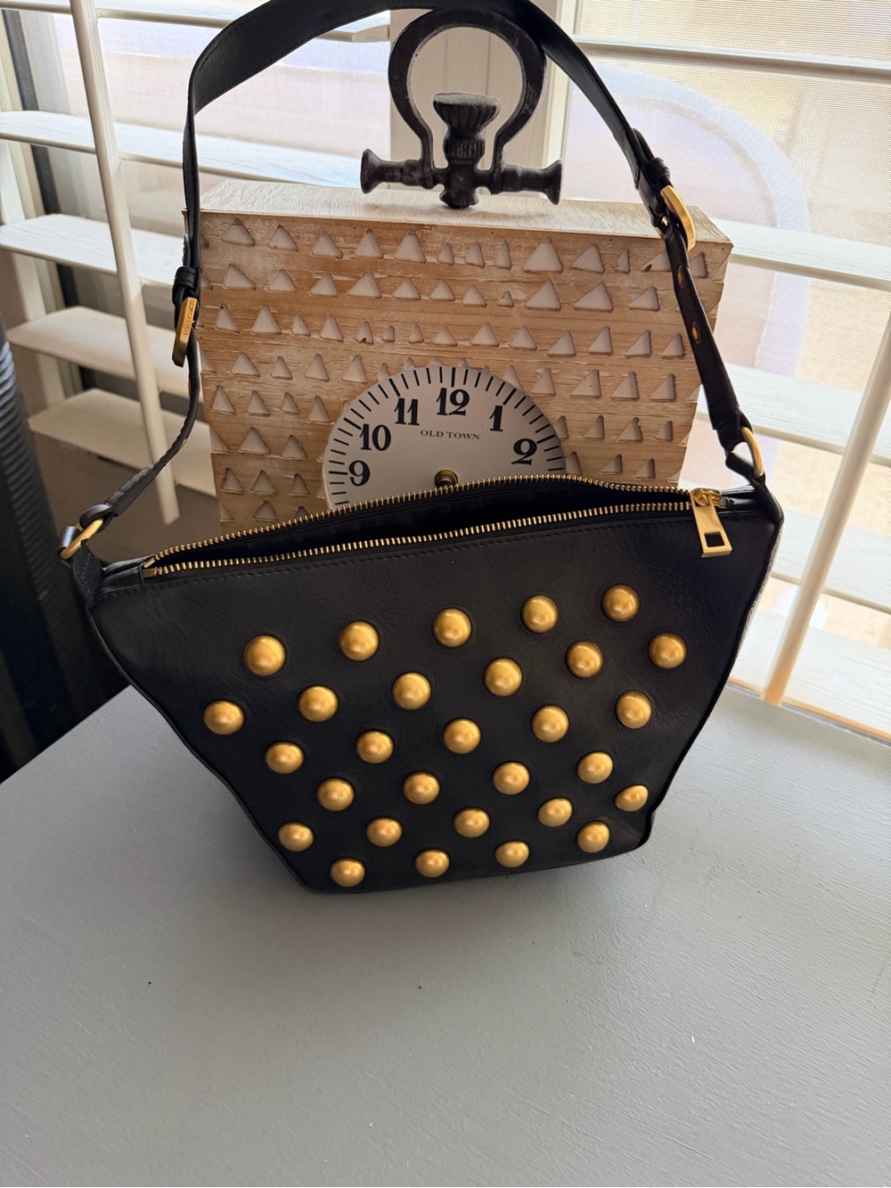 Vince Camuto Black Shoulder Bag with Gold Studs